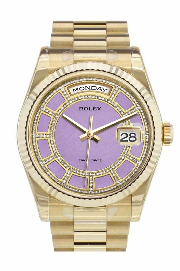 Rolex Day-Date 36 Carousel Of Lavender Jade Dial Fluted Bezel President Yellow Gold Watch 118238