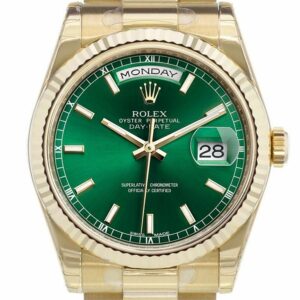 Rolex Day-Date 36 Green Dial Fluted Bezel President Yellow Gold Watch 118238