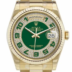 Rolex Day-Date 36 Green Diamond Paved Dial Fluted Bezel President Yellow Gold Watch 118238