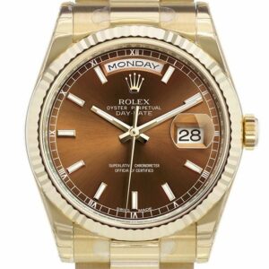 Rolex Day-Date 36 Cognac Dial Fluted Bezel President Yellow Gold Watch 118238