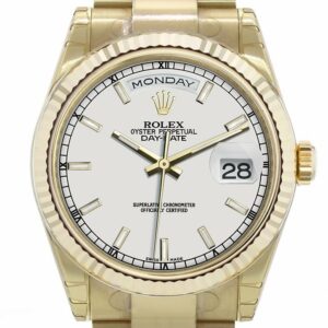 Rolex Day-Date 36 White Dial Fluted Bezel Oyster Yellow Gold Watch 118238