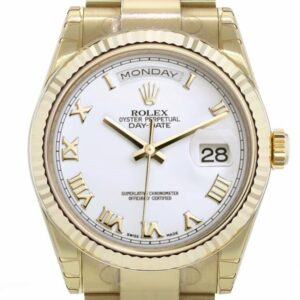 Rolex Day-Date 36 White Dial Fluted Bezel Yellow Gold Watch 118238