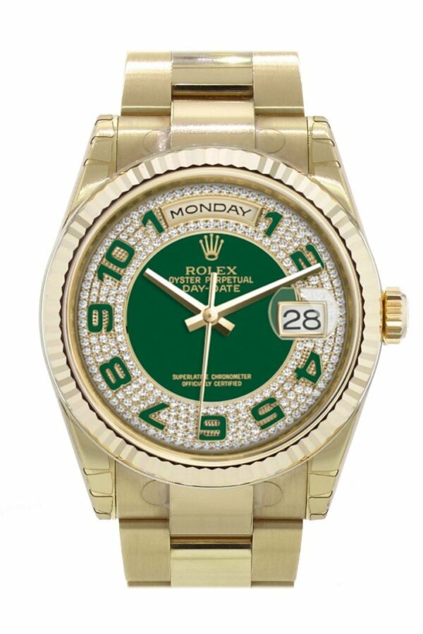 Rolex Day-Date 36 Green Diamond Paved Dial Fluted Bezel Yellow Gold Watch 118238