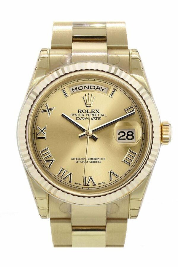 Rolex Day-Date 36 Champagne-Colour Dial Fluted Bezel Yellow Gold Watch 118238