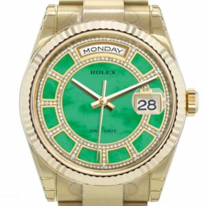 Rolex Day-Date 36 Carousel Of Green Jade Dial Fluted Bezel Yellow Gold Watch 118238