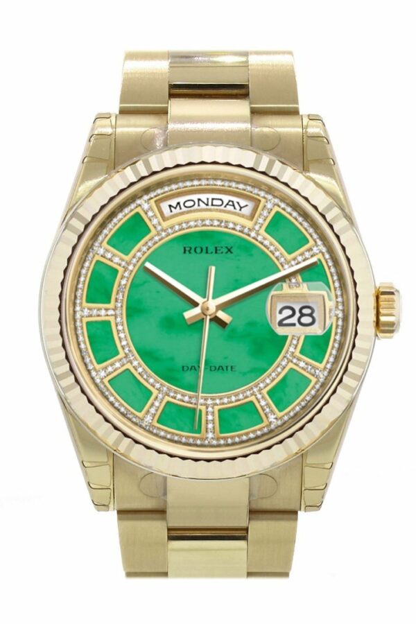 Rolex Day-Date 36 Carousel Of Green Jade Dial Fluted Bezel Yellow Gold Watch 118238