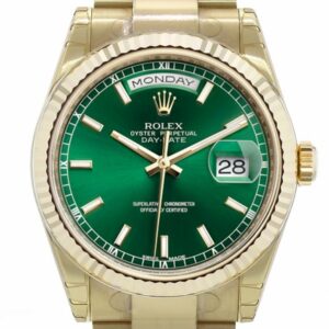 Rolex Day-Date 36 Green Dial Fluted Bezel Yellow Gold Watch 118238