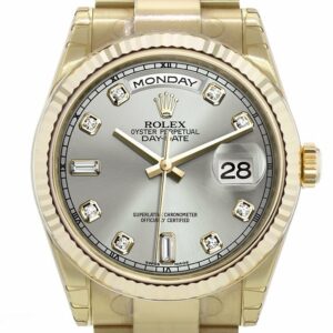 Rolex Day-Date 36 Silver Set With Diamonds Dial Fluted Bezel Yellow Gold Watch 118238