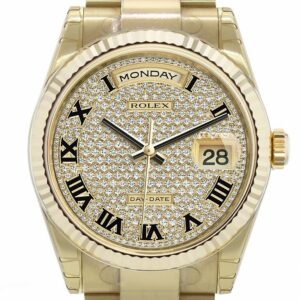 Rolex Day-Date 36 Diamond-Paved Dial Fluted Bezel Yellow Gold Watch 118238