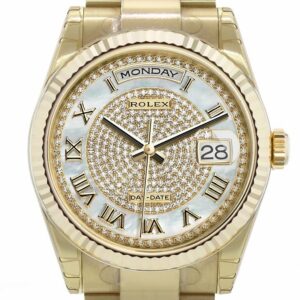 Rolex Day-Date 36 White Mother-Of-Pearl Diamond Paved Dial Fluted Bezel Yellow Gold Watch 118238