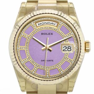 Rolex Day-Date 36 Carousel Of Lavender Jade Dial Fluted Bezel Yellow Gold Watch 118238