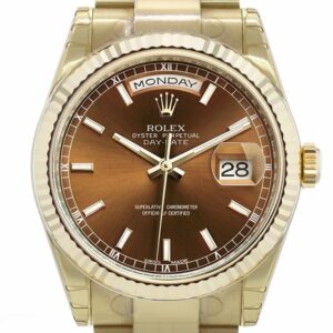 Rolex Day-Date 36 Cognac Dial Fluted Bezel Yellow Gold Watch 118238