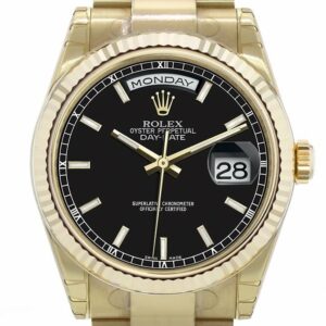 Rolex Day-Date 36 Black Dial Fluted Bezel Yellow Gold Watch 118238