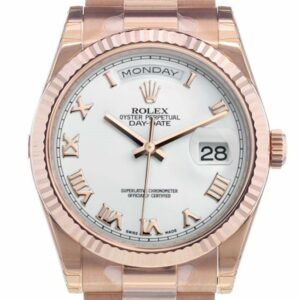 Rolex Day-Date 36 White Roman Dial Fluted Bezel President Everose Gold Watch 118235