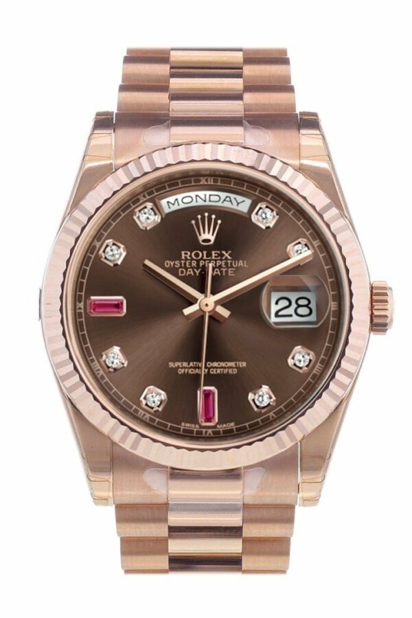 Rolex Day-Date 36 Chocolate Set With Diamonds And Rubies Dial Fluted Bezel President Everose Gold