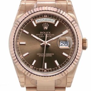 Rolex Day-Date 36 Chocolate Dial Fluted Bezel Oyster Everose Gold Watch 118235