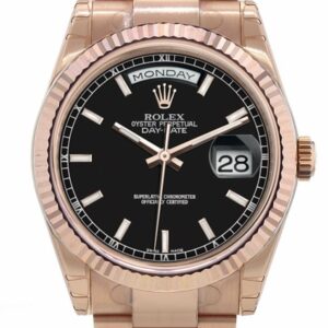 Rolex Day-Date 36 Black Dial Fluted Bezel Oyster Everose Gold Watch 118235