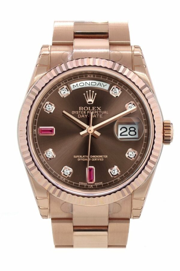 Rolex Day-Date 36 Chocolate Set With Diamonds And Rubies Dial Fluted Bezel Oyster Everose Gold Watch