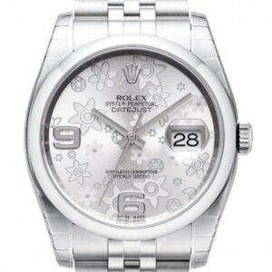 Rolex Datejust 36 Silver Floral Motif 2 Arab Dial Jubilee Mens Watch 116200 / None