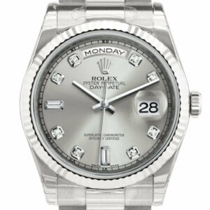 Rolex Day-Date 36 Silver Set With Diamonds Dial Fluted Bezel President White Gold Watch 118239