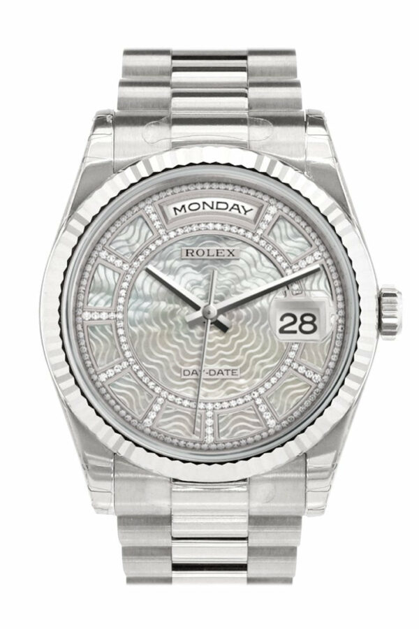 Rolex Day-Date 36 Carousel Of White Mother-Of-Pearl Dial Fluted Bezel President White Gold Watch