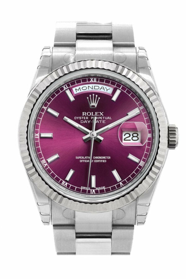 Rolex Day-Date 36 Cherry Dial Fluted Bezel Oyster White Gold Watch 118239