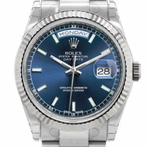 Rolex Day-Date 36 Blue Dial Fluted Bezel Oyster White Gold Watch 118239