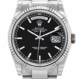 Rolex Day-Date 36 Black Dial Fluted Bezel Oyster White Gold Watch 118239