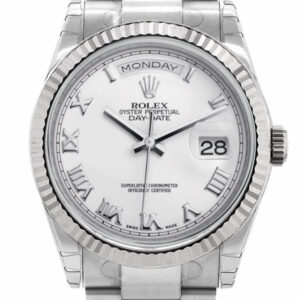 Rolex Day-Date 36 White Roman Dial Fluted Bezel Oyster Gold Watch 118239