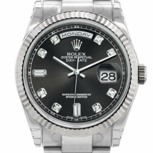 Rolex Day-Date 36 Black Set With Diamonds Dial Fluted Bezel Oyster White Gold Watch 118239