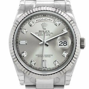 Rolex Day-Date 36 Silver Set With Diamonds Dial Fluted Bezel Oyster White Gold Watch 118239