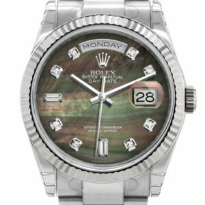 Rolex Day-Date 36 Black Mother-Of-Pearl Set With Diamonds Dial Fluted Bezel Oyster White Gold Watch