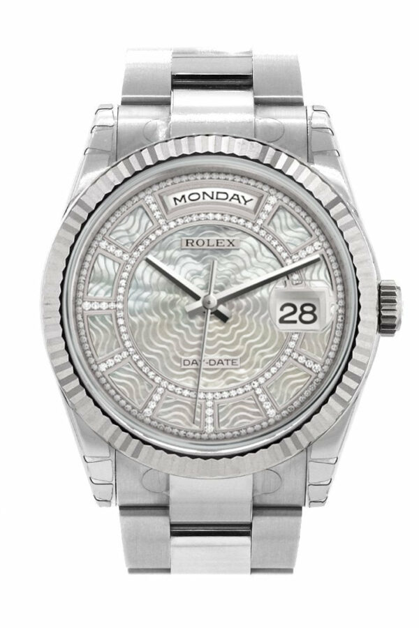 Rolex Day-Date 36 Carousel Of White Mother-Of-Pearl Dial Fluted Bezel Oyster White Gold Watch 118239