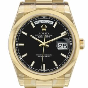 Rolex Day-Date 36 Black Dial President Yellow Gold Watch 118208