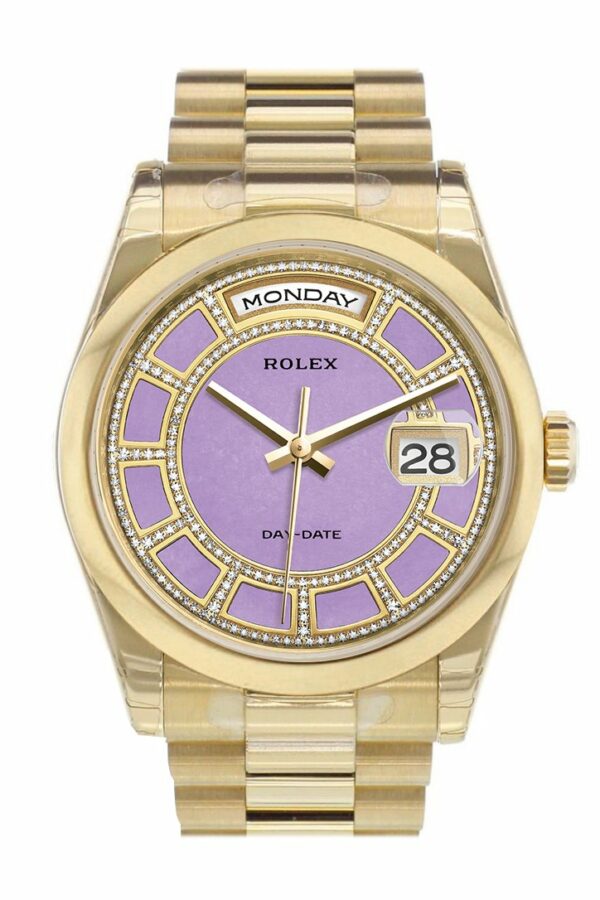 Rolex Day-Date 36 Carousel Lavender Jade Diamonds Dial President Yellow Gold Watch 118208