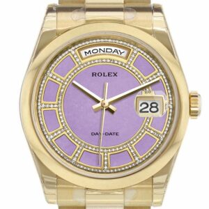 Rolex Day-Date 36 Carousel Lavender Jade Diamonds Dial President Yellow Gold Watch 118208