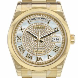 Rolex Day-Date 36 White Mother Of Pearl Diamonds Paved Dial President Yellow Gold Watch 118208