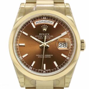 Rolex Day-Date 36 Cognac Dial Yellow Gold Watch 118208