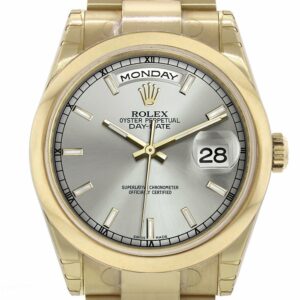 Rolex Day-Date 36 Silver Dial Yellow Gold Watch 118208