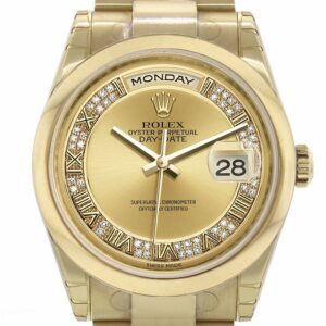 Rolex Day-Date 36 Champagne Diamonds Roman Dial Yellow Gold Watch 118208