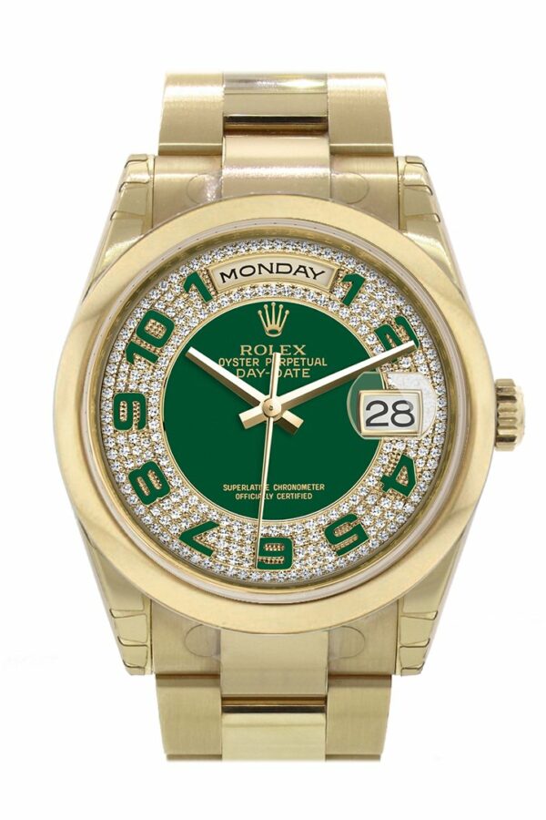 Rolex Day-Date 36 Green Diamonds Paved Dial Yellow Gold Watch 118208