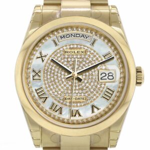 Rolex Day-Date 36 White Mother Of Pearl Diamonds Paved Dial Yellow Gold Watch 118208