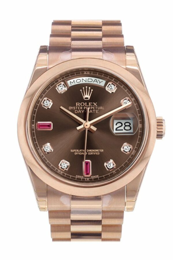 Rolex Day-Date 36 Chocolate Diamonds And Rubies Dial President Everose Gold Watch 118205