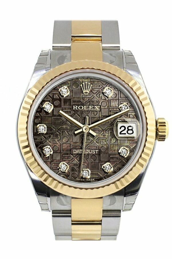 Rolex Datejust 31 Black Mother Of Pearl Jubilee Diamonds Dial Fluted Bezel 18K Gold Two Tone Ladies