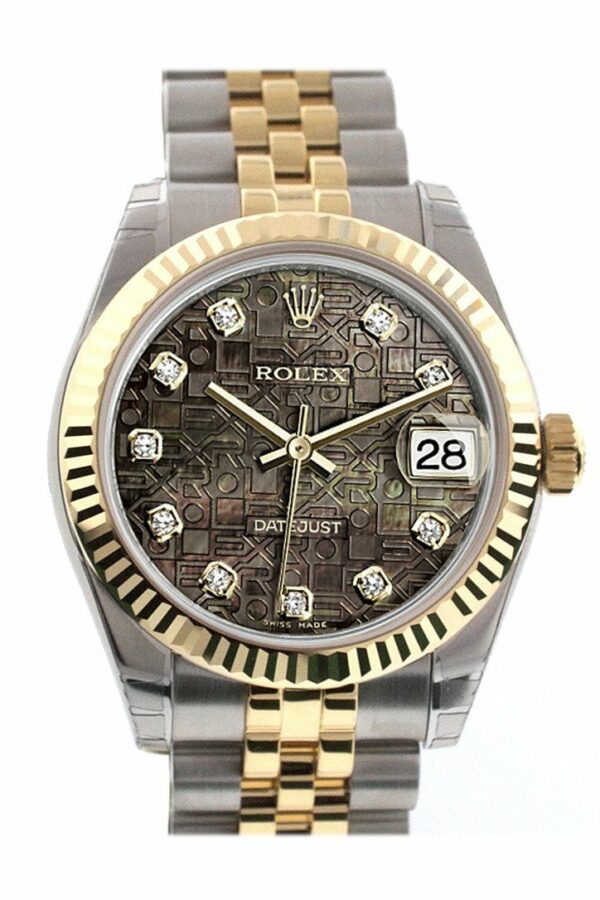 Rolex Datejust 31 Black Mother Of Pearl Jubilee Diamonds Dial Fluted Bezel 18K Gold Two Tone Ladies