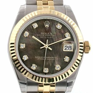 Rolex Datejust 31 Black Mother Of Pearl Diamonds Dial Fluted Bezel 18K Gold Two Tone Jubilee Ladies