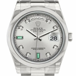 Rolex Day Date 36 Rhodium Diamonds Emeralds Dial President Mens Watch 118206