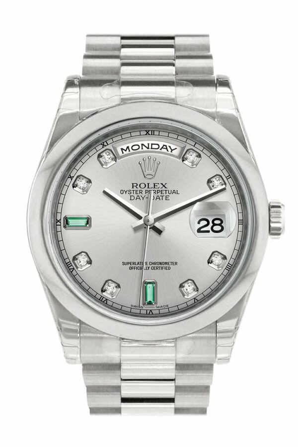 Rolex Day Date 36 Rhodium Diamonds Emeralds Dial President Mens Watch 118206