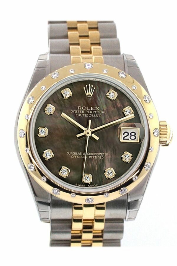 Rolex Datejust 31 Black Mother Of Pearl Diamonds Dial Diamond Bezel 18K Gold Two Tone Jubilee Ladies