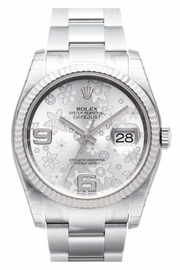 Rolex Datejust 36 Silver Floral Dial Steel 18K Gold Ladies Watch 116234